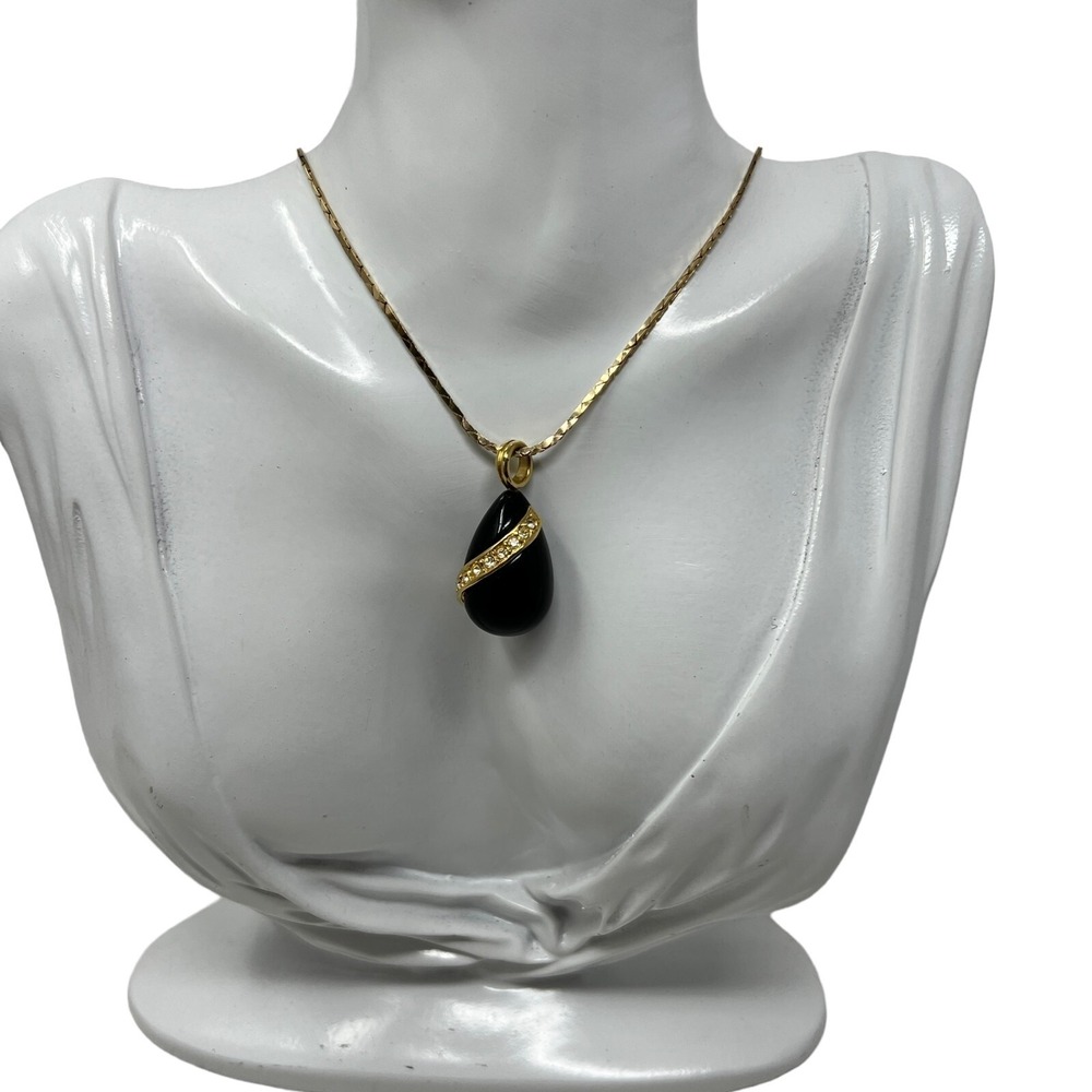 Avon Necklace Crystal Black Acrylic Teardrop Rhinestone Cobra Chain 16โ inches